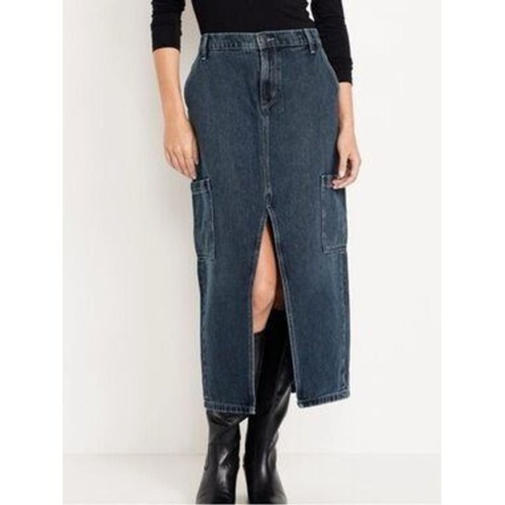 Old Navy Drapey Denim Mid-Rise Cargo Midi Skirt Blue Womens 10 NEW